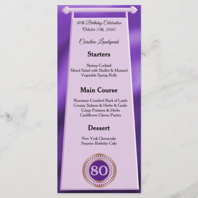 Happy 80th Birthday Purple Glitter Foil Menu (Front)