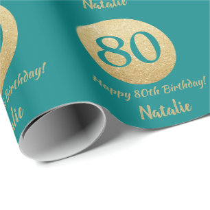 Happy 80th Birthday Teal and Gold Glitter Wrapping Paper