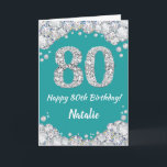 Happy 80th Birthday Teal and Silver Glitter Card<br><div class="desc">Happy 80th Birthday Teal Turquoise Aqua and Silver Glitter Card with personalised name. For further customisation,  please click the "Customise it" button and use our design tool to modify this template.</div>