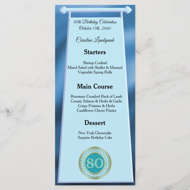Happy 80th Birthday Teal Blue Glitter Foil  Menu (Front)