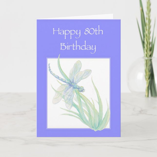Happy 80th Birthday Watercolor Dragonfly Nature Card (Front)