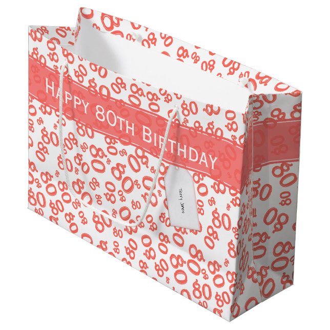 Happy 80th Coral/White Random Number Pattern Large Gift Bag (Front Angled)