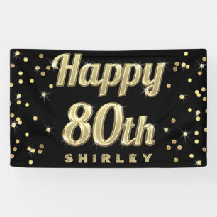 Happy 80th Gold Bling Typography Confetti Black Banner