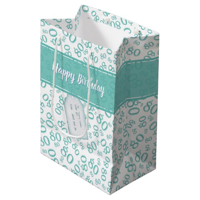 Happy 80th Teal/White Random Number Pattern Medium Gift Bag (Front Angled)