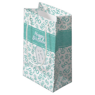 Happy 80th Teal/White Random Number Pattern Small Gift Bag