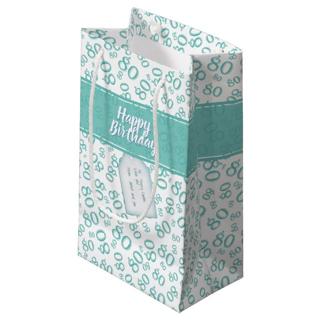 Happy 80th Teal/White Random Number Pattern Small Gift Bag (Front Angled)