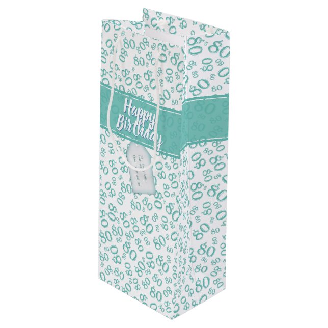 Happy 80th Teal/White Random Number Pattern Wine Gift Bag (Front Angled)