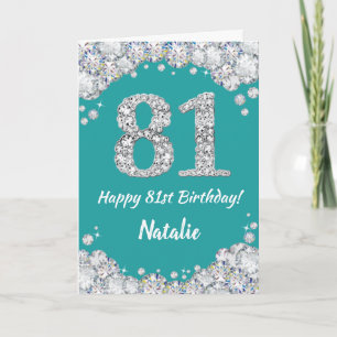 Happy 81st Birthday Teal and Silver Glitter Card
