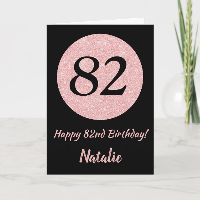 Happy 82nd Birthday Black and Rose Pink Gold Card (Front)