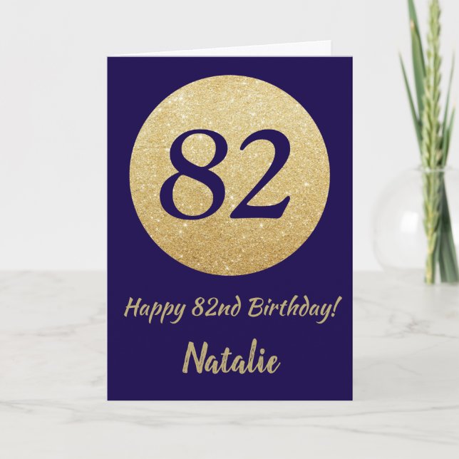 Happy 82nd Birthday Navy Blue and Gold Glitter Card (Front)