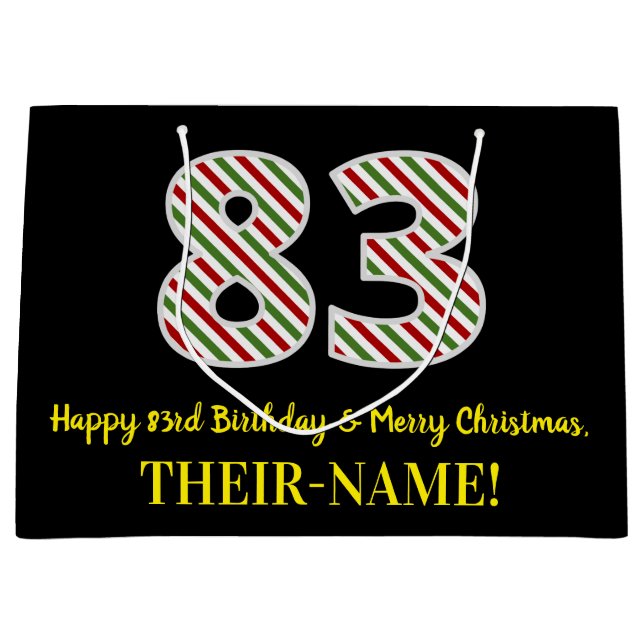 Happy 83rd Birthday & Merry Christmas, Custom Name Large Gift Bag (Front)