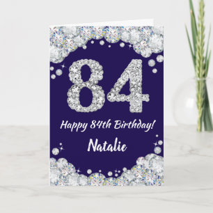 Happy 84th Birthday Navy Blue and Silver Glitter Card