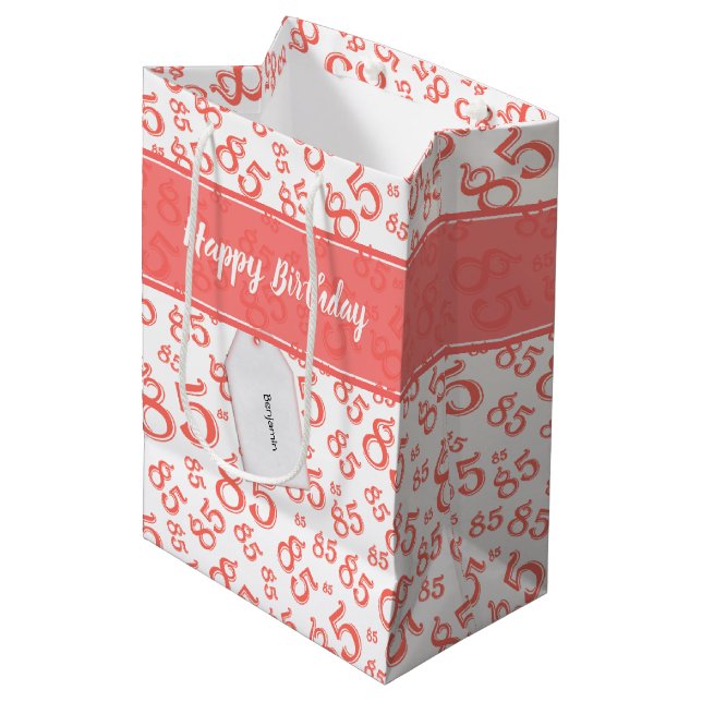 Happy 85th Birthday Number Pattern Coral/White Medium Gift Bag (Front Angled)