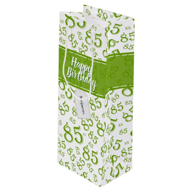 Happy 85th Birthday Number Pattern Green/White Wine Gift Bag (Front Angled)