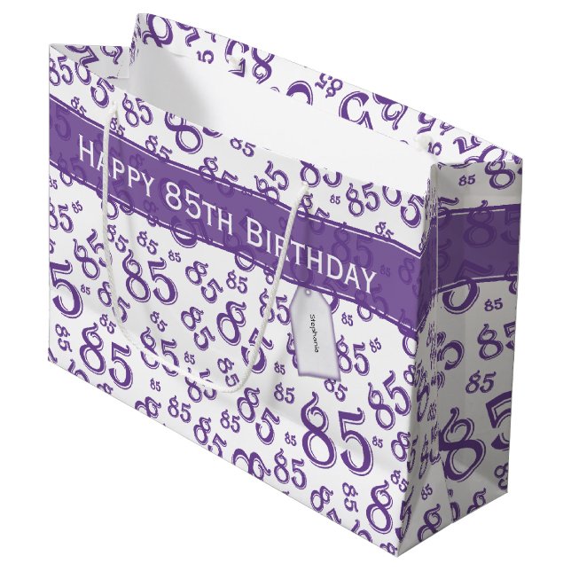 Happy 85th Birthday Number Pattern Purple/White Large Gift Bag (Front Angled)
