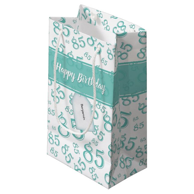 Happy 85th Birthday Number Pattern Teal/White Small Gift Bag (Front Angled)