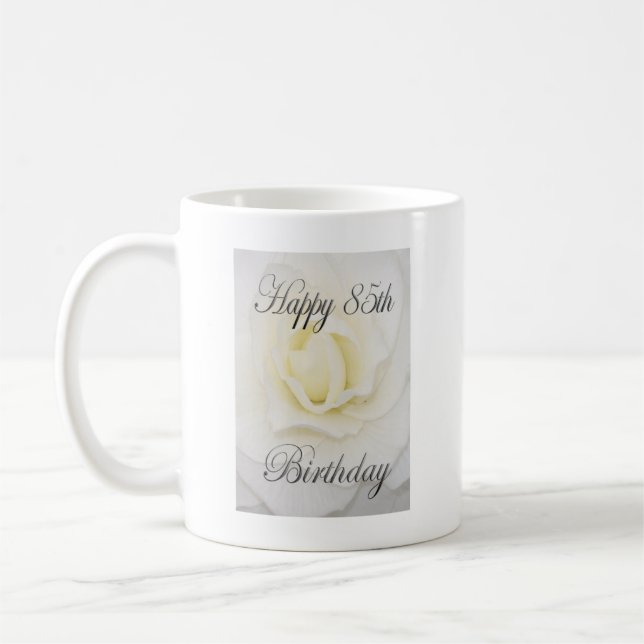 Happy 85th Birthday White Flower Coffee Mug (Left)