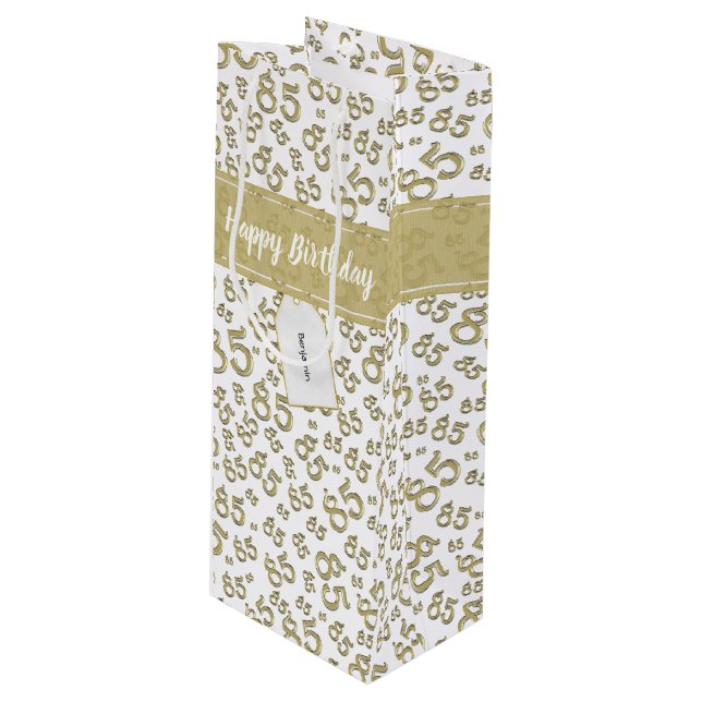 Happy 85th Random Number Pattern Gold/White Wine Gift Bag (Front Angled)