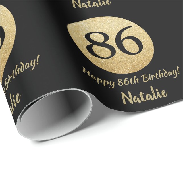 Happy 86th Birthday Black and Gold Glitter Wrapping Paper (Roll Corner)