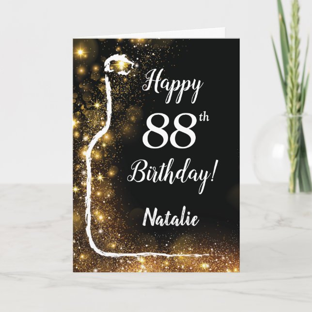 Happy 88th Birthday Black and Gold Glitter Wine Card (Front)