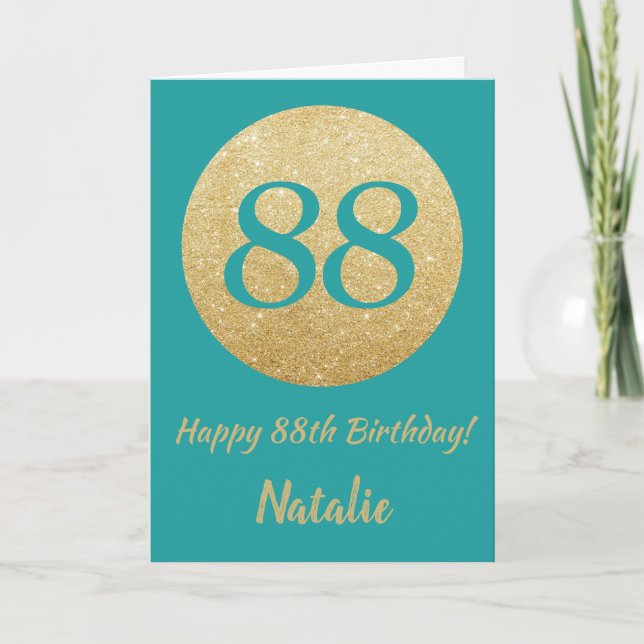 Happy 88th Birthday Teal and Gold Glitter Card (Front)