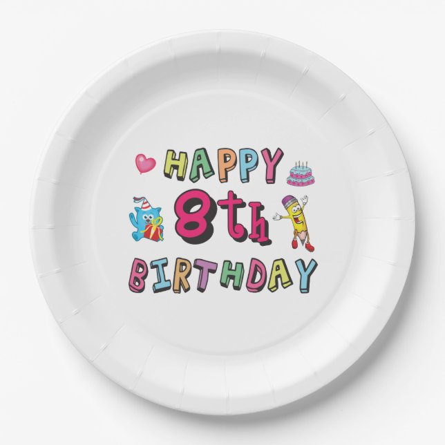 Happy 8th Birthday. 8 year b-day. Paper Plate (Front)
