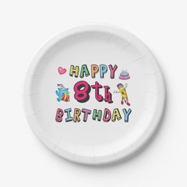 Happy 8th Birthday. 8 year b-day. Paper Plate (Front)