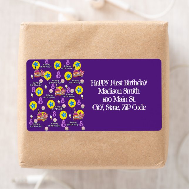 Happy 8th Birthday Address Labels, Purple (Insitu)