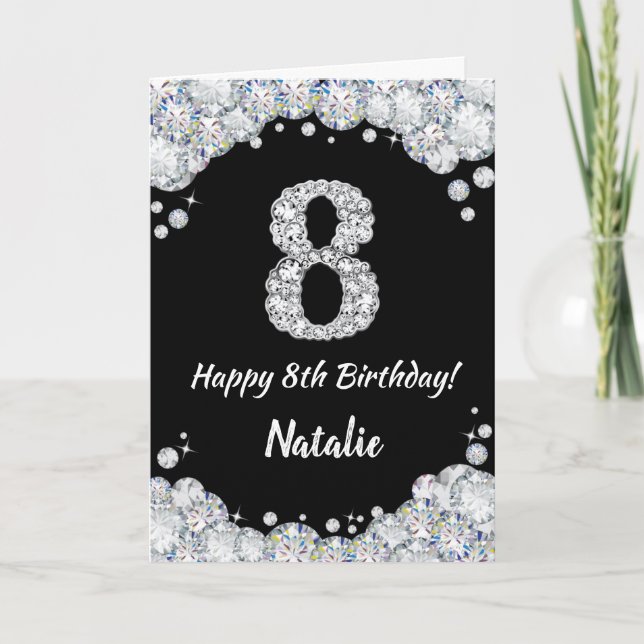 Happy 8th Birthday Black and Silver Glitter Card (Front)
