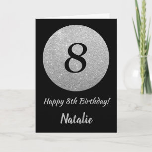 Happy 8th Birthday Black and Silver Glitter Card