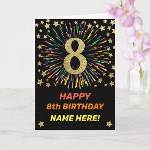 Happy 8th Birthday Black & Gold Rainbow Firework Card