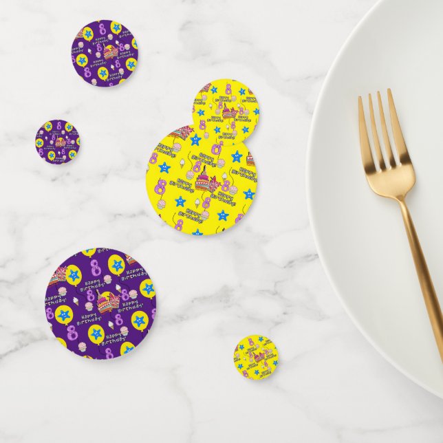 Happy 8th Birthday Confetti, #8 Yellow & Purple Confetti (Group)