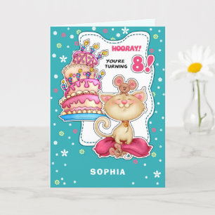 Happy 8th Birthday. Custom Name Fun Kitty and Mice Card