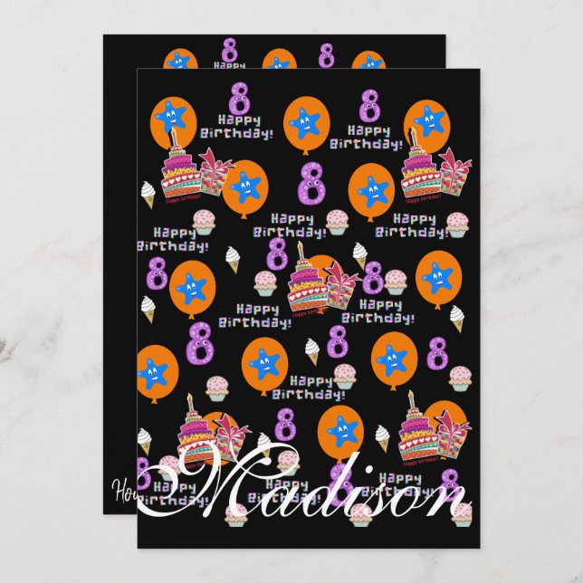 Happy 8th Birthday Invitation Birthday #8 Black (Front/Back)