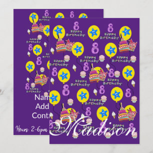 Happy 8th Birthday Invitation Birthday #8 Purple