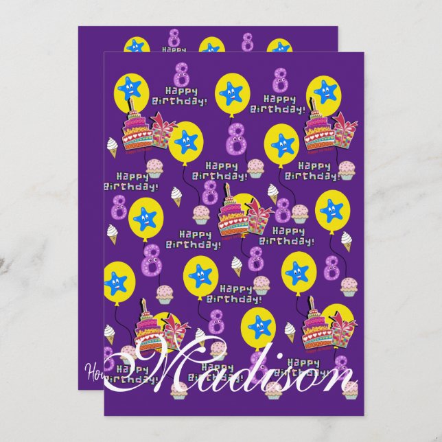 Happy 8th Birthday Invitation Birthday #8 Purple (Front/Back)