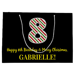 Happy 8th Birthday & Merry Christmas, Custom Name Large Gift Bag