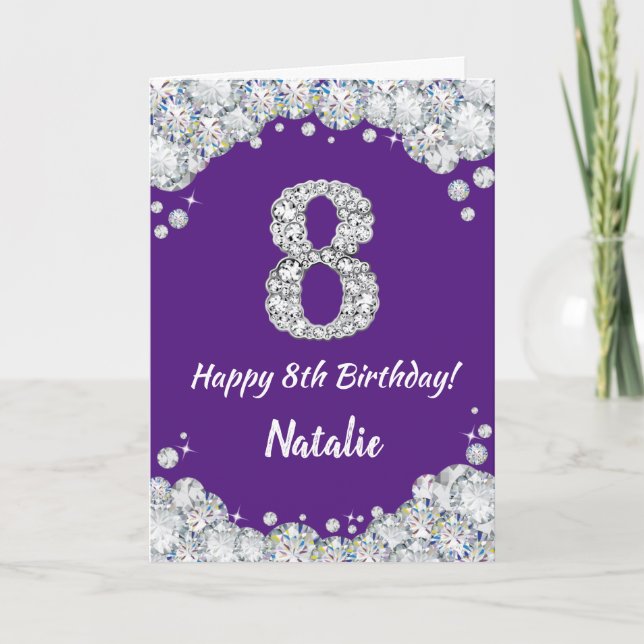 Happy 8th Birthday Purple and Silver Glitter Card (Front)