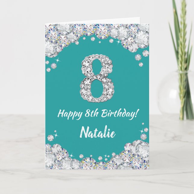 Happy 8th Birthday Teal and Silver Glitter Card (Front)