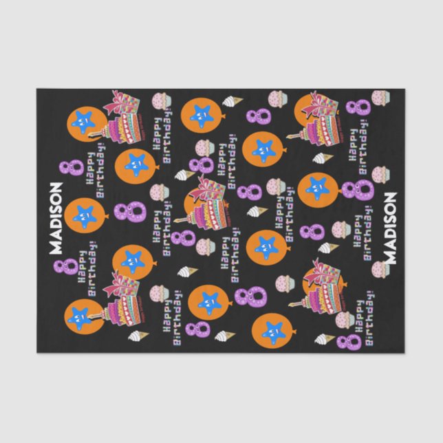 Happy 8th Birthday Tissue Paper #8 Black (Front)