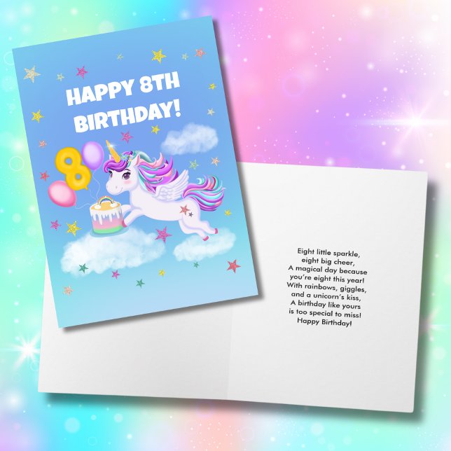 Happy 8th Birthday Unicorn with Birthday Cake Card (Creator Uploaded)
