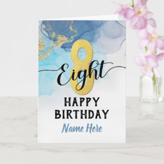 Happy 8th Birthday Watercolor Blue & gold Boy Card