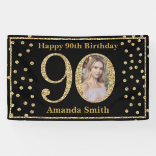 Happy 90th Birthday Banner Black and Gold Photo