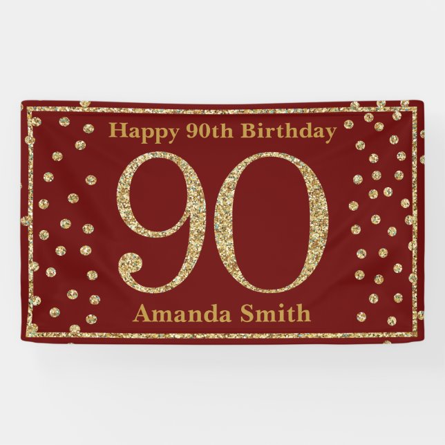 Happy 90th Birthday Banner Burgundy Red Gold (Horizontal)