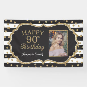 Happy 90th Birthday Banner. Gold Glitter Photo Banner