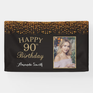 Happy 90th Birthday Banner. Gold Glitter Photo Banner