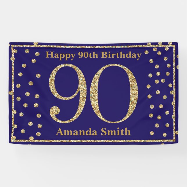 Happy 90th Birthday Banner Navy Blue Gold Glitter (Horizontal)