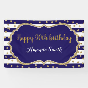 Happy 90th Birthday Banner. Navy Blue Gold Glitter Banner
