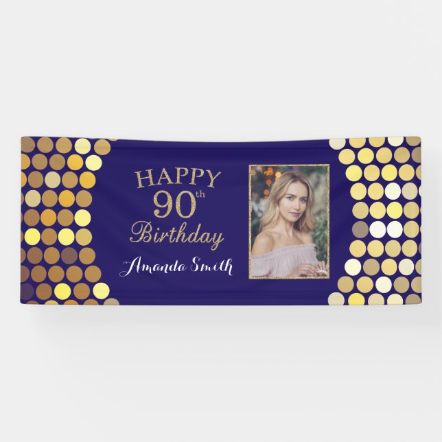 Happy 90th Birthday Banner. Navy Blue Gold Photo Banner (Horizontal)