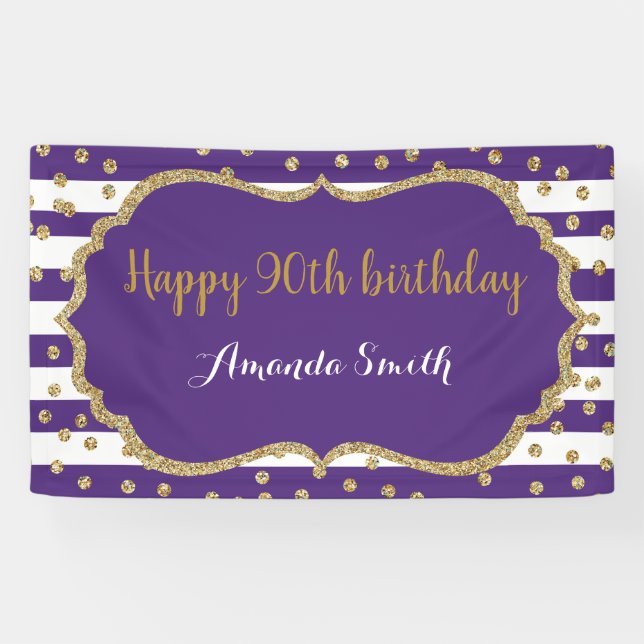 Happy 90th Birthday Banner Purple and Gold Glitter (Horizontal)